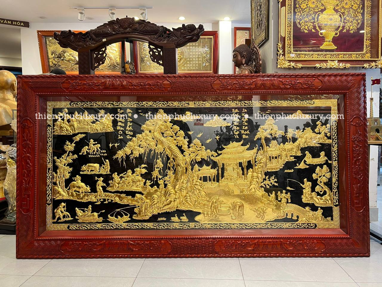 Tranh đồng quê dát vàng 9999 kích thước 2m30 x 1m20