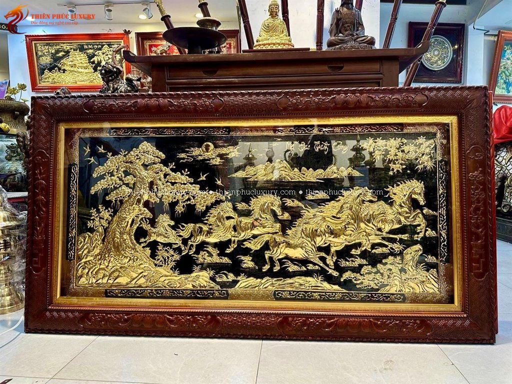 Tranh mã đáo thành công mạ vàng 1m70 x 90 khung gỗ gụ