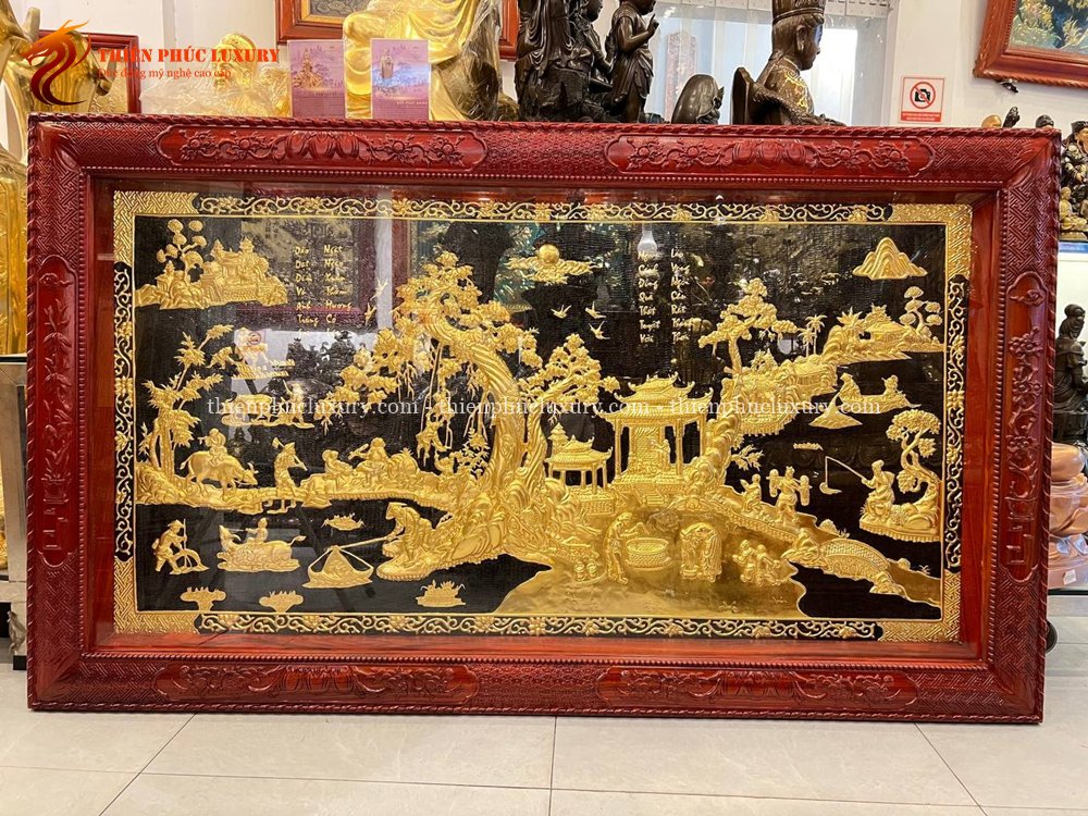 Tranh Đồng Quê Dát Vàng 9999 Khung Gỗ Hương Đục 2M30x1M20