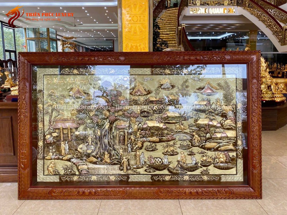 Tranh Đồng Quê Tam Khí 2m5 x 1m4 Khung Gỗ Gụ